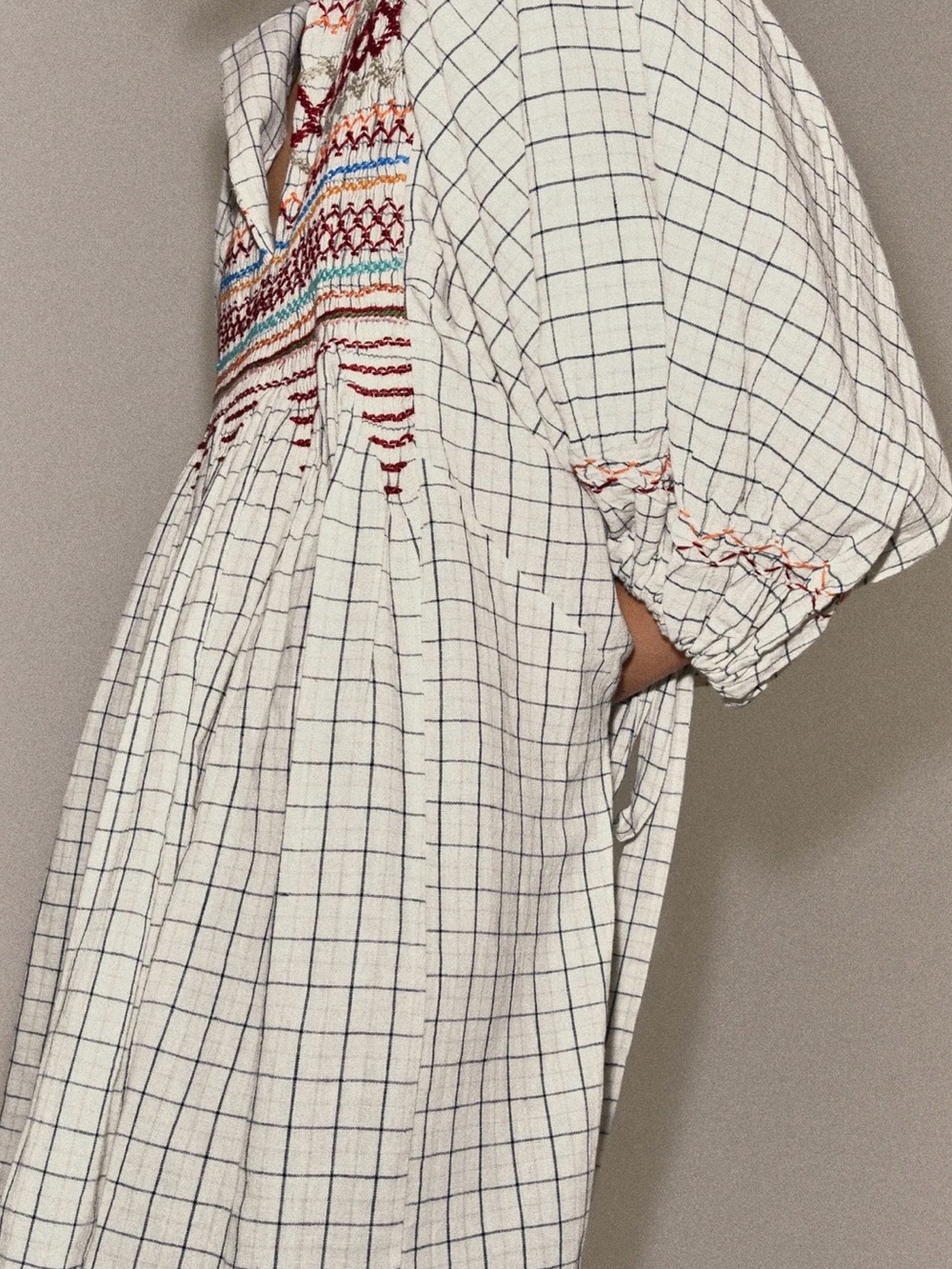 Zara Cream Checked Embroidered Long Sleeve Dress - Picture 2 of 6